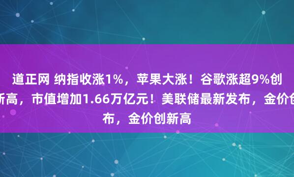道正网 纳指收涨1%，苹果大涨！谷歌涨超9%创纪录新高，市值增加1.66万亿元！美联储最新发布，金价创新高